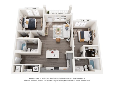 Floor plan for 2 beds, 2 baths, 1088 sqft